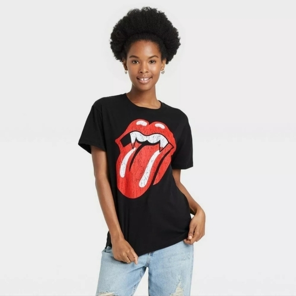 NWT The Rolling Stones Vampire Teeth Graphic T-Shirt Front & Back Hit Black New - Picture 1 of 7